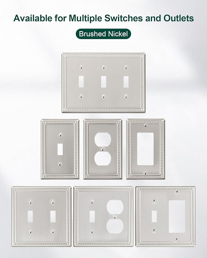 2-Pack Triple Toggle Light Switch Cover Plate, Pearls Decorative Switch Plate Covers, Brushed Nickel 3 Gang Metal Wall Plate
