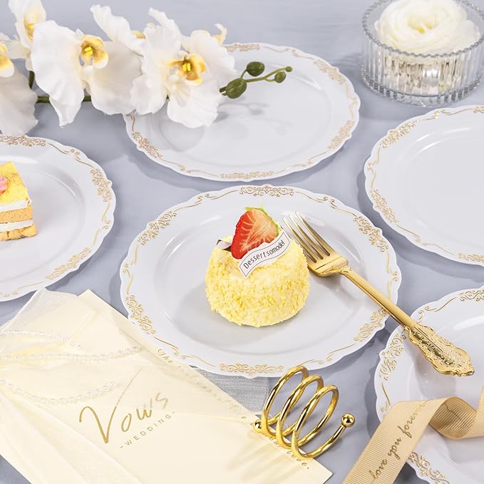 DaYammi 60PCS White and Gold Plastic Plates, Disposable Heavy Duty Plates Premium 7.5inch White Dessert Cake Salad Appetizer Plates Hard Plastic Platos Disposable for Party Wedding
