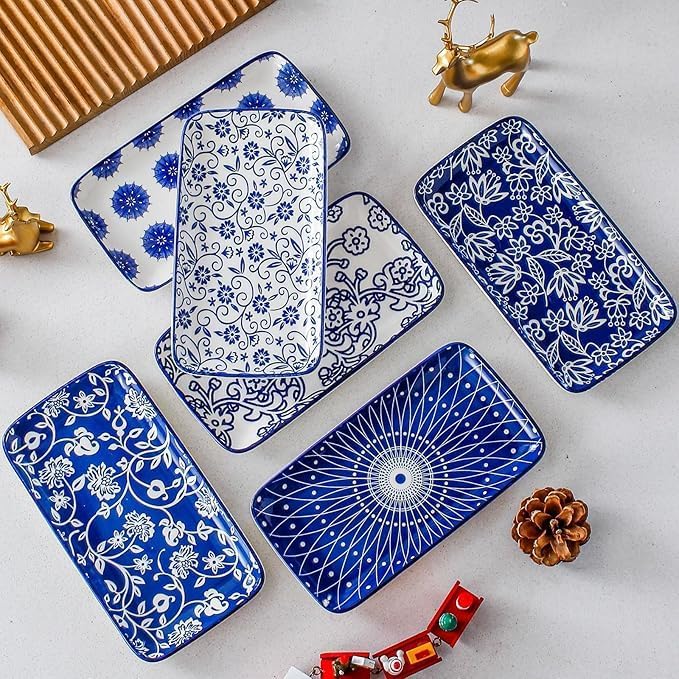 Ceramic Rectangle Salad Plates Set - 8.1" x 4.5" Rectangular Serving Platter - Serving Trays for Sushi Dinner Dessert Pasta Appetizer - Oven Microwave Dishwasher Safe - Set of 6 - Vintage Blue