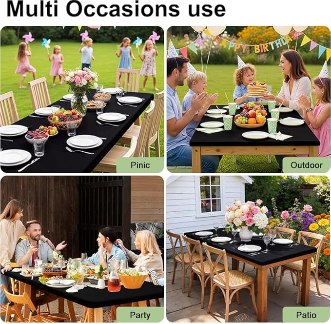 Smiry Rectangle Picnic Table Cloth, Waterproof Elastic Fitted Tablecloths for 8 Foot Tables, Washable Polyester Table Cover for Camping, Indoor and Outdoor (Black, 36"x96")