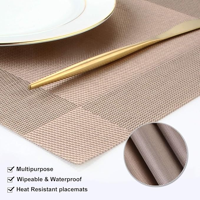 DACHUI Placemats Set of 4, Stylish Woven Place Mats for Dining Table, Washable & Durable PVC Table Mats (Champagne)