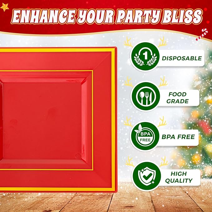 Liacere 100PCS Red and Gold Square Plastic Plates-50PCS Heavy Duty 9.5inch Disposable Dinner Plates and 50PCS 6inch Red Dessert Plate - Gold Plastic Plate for Party&Wedding&Valentine's Day