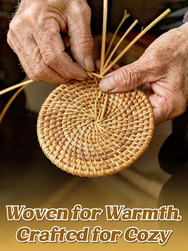 8pcs Natural Handmade Rattan Coasters with Holder - Wicker Drink Coasters Set for Protecting Table, Housewarming Gifts Boho Fall Home Décor