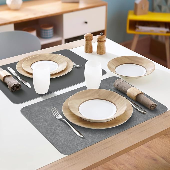 AAPLKER Faux Leather Placemats Set of 6, Vinyl Placemats Wipeable Waterproof Oil-Proof Table Mats, Heat Resistant Place Mats, Table Mats for Kitchen Indoor Outdoor, 16.9 x 11.8 inches (Grey)