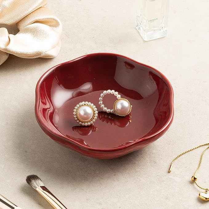 Floral Ceramic Ring Dish Elegant Jewelry Gift for Women Ceramic Trinket Tray Ring Holder Necklace Organizer for Mom Best Friend Sister (red)