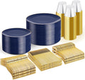 WDF 300PCS Navy Blue Plates Disposable - Blue Plastic Plates 50guest Heavy Duty Plastic Dinnerware Sets for Party/Wedding/Birthday