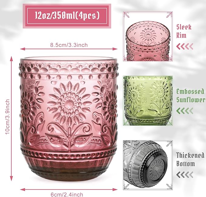 Topsky Vintage Drinking Glass Set of 4,12 oz Embossed Floral Drinkware Set,Colorful Drinking Glasses Cups Wine Glasses Colored Glassware for Whisky,Beer,Juice,Cocktail,Heavy Duty