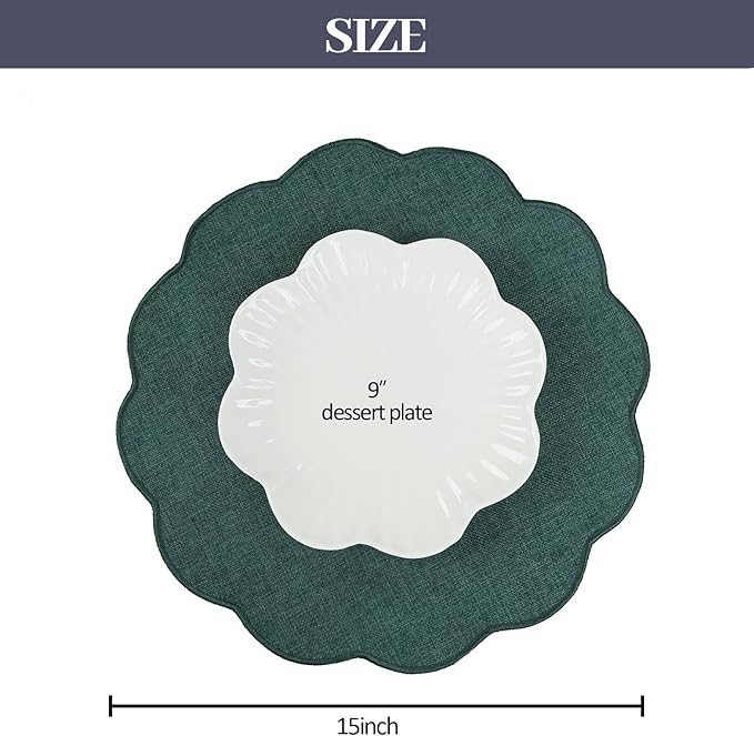 AHHFSMEI Round Faux Linen Placemats Set of 4 Waterproof Table Mats Heat Resistant Non-Slip and Stain Proof for Kitchen Dining Elegant Decor (Forest Green,4)