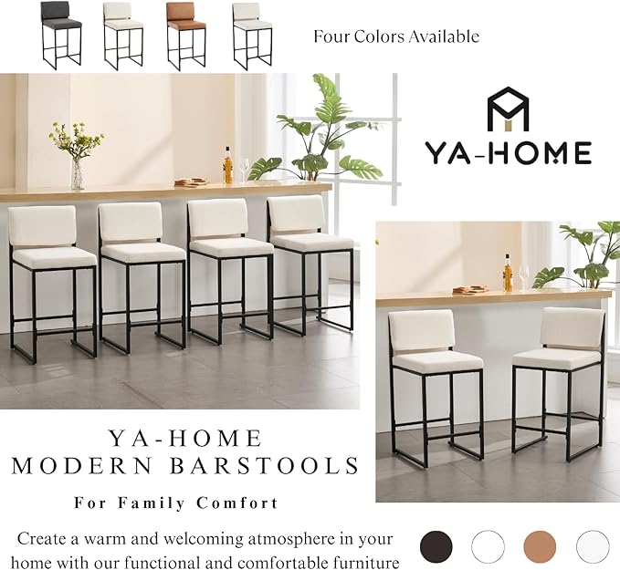 Modern Barstools Set of 2, 26” Upholstered Counter Height Bar Stools Linen Fabric Counter Stools with Padded Back Metal Frame for Kitchen Island Dining Room, Beige