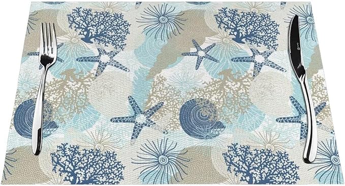 Placemats Set of 6 Aqua Blue Nautical Place Mats Coastal Beach Theme Coral Starfish Woven Table Mats Washable Blue Coral PVC Placemat for Dining Kitchen Decor Indoor Outdoor, 12 x 18 Inch