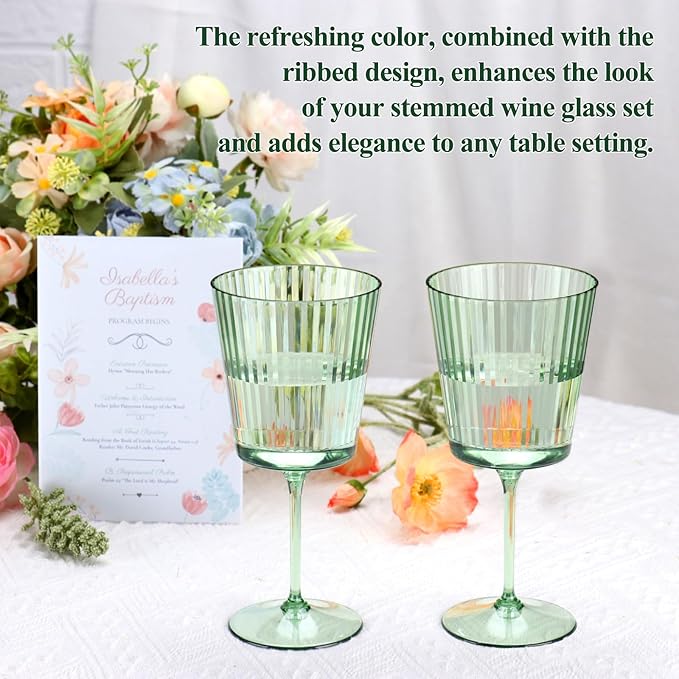 48 PCS Green Plastic Wine Glasses with Removable Stems 13.5 Oz Ribbed Wine Glasses Square White Wine Glass Muted Pastel Colors Goblets Elegant Fluted Glassware for Wedding Anniversary Birthday