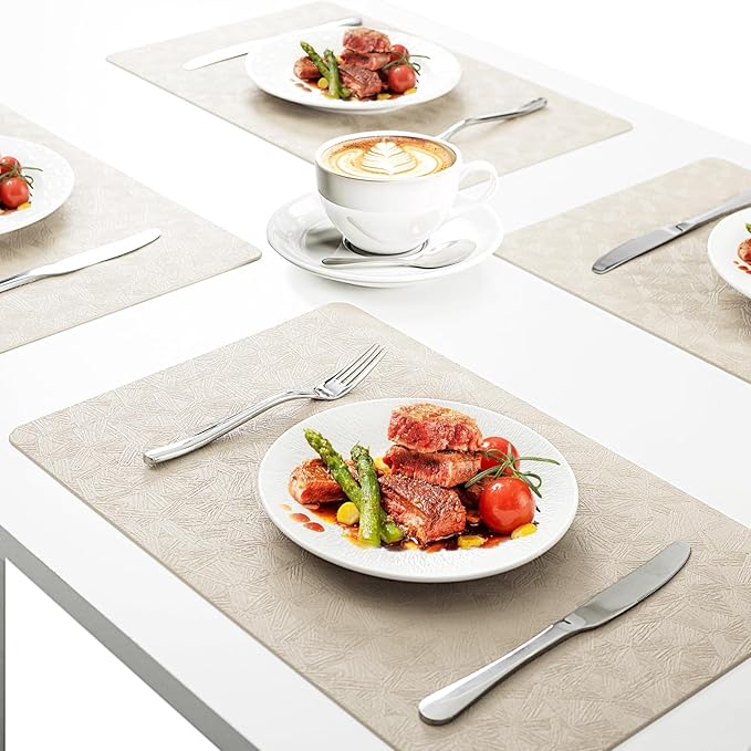 Vinyl Placemats Set of 12 Faux Leather 100% Waterproof Wipeable Washable Place Mats Heat Resistant Easy Clean Non-Slip Table Mats for Indoor Outdoor. (12,Beige)