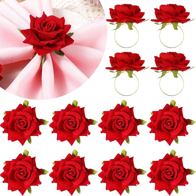 Honeydak 16 Set Valentine's Day Napkin Ring Rose Flower Metal Napkin Ring Designed with Rose Serviette Buckle for Valentine's Day Wedding Anniversary Party Dinner Table Decoration (Red)