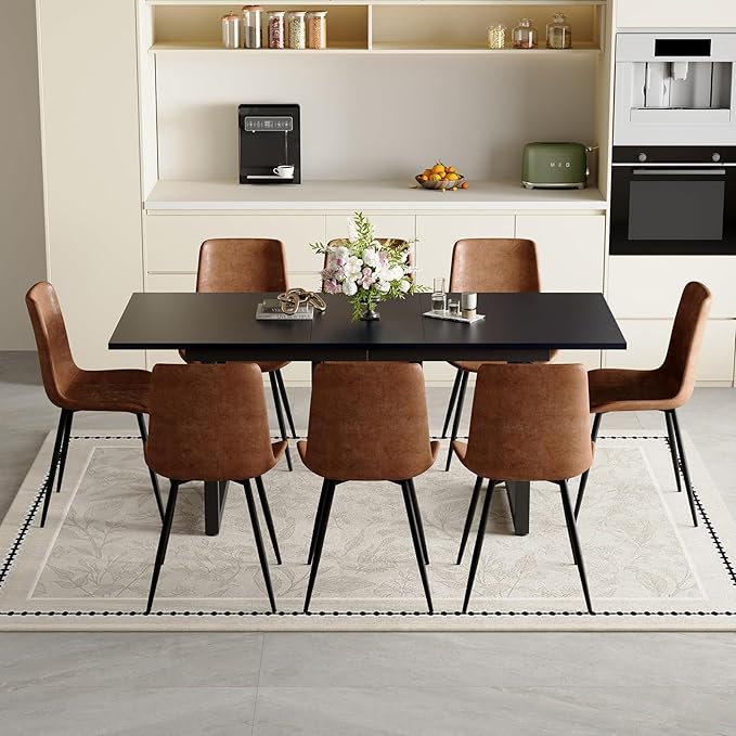 Extendable Dining Table Set for 8, 55"–71" Modern Black Kitchen Table with 8 Upholstered Chairs, Space-Saving for Living Room Apartment, Sturdy & Comfortable, Easy Assembly