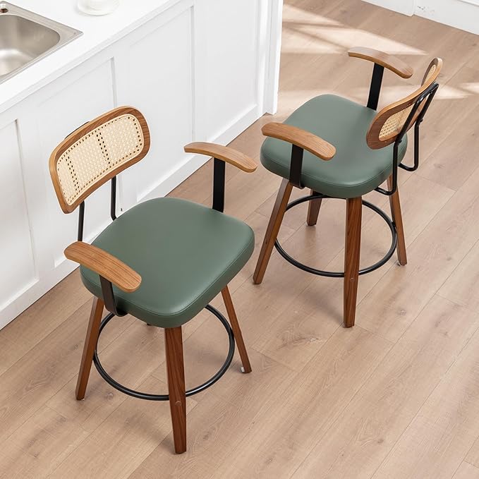 Rattan Swivel Bar Stools Set of 2,Green Faux Leather Counter Height Barstools with Arms Rattan Backrest/Wooden Legs,Mid Century Modern Bar Chairs for Kitchen/Dining Room/Bar