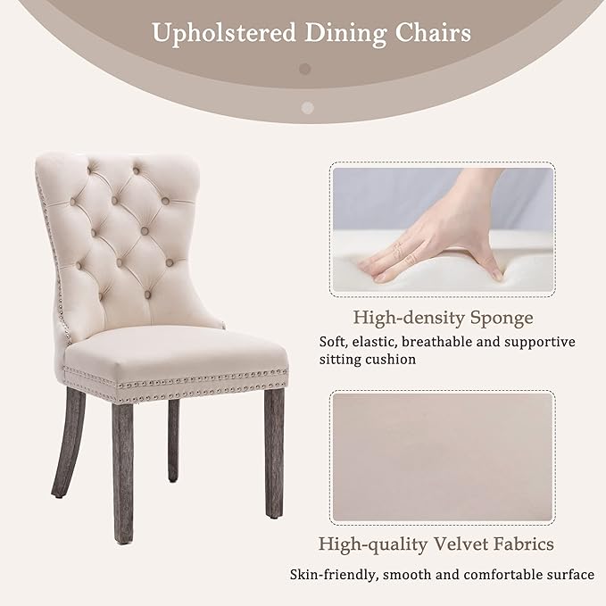 KCC Velvet Dining Chairs Set of 4, Upholstered High-end Tufted Dining Room Chair with Nailhead Back Ring Pull Trim Solid Wood Legs, Nikki Collection Modern Style for Kitchen, Beige