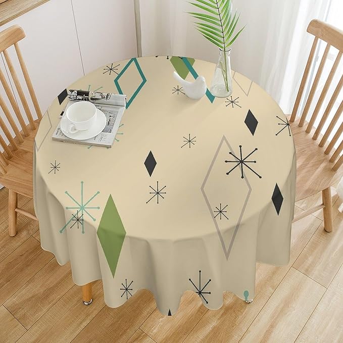 Colorful Middle Century Round Tablecloth, Vintage Bohemian Mid Century Modern Retro Print Tablecloth for Home Party Dining Room Kitchen Decor 50Inch(127cm)