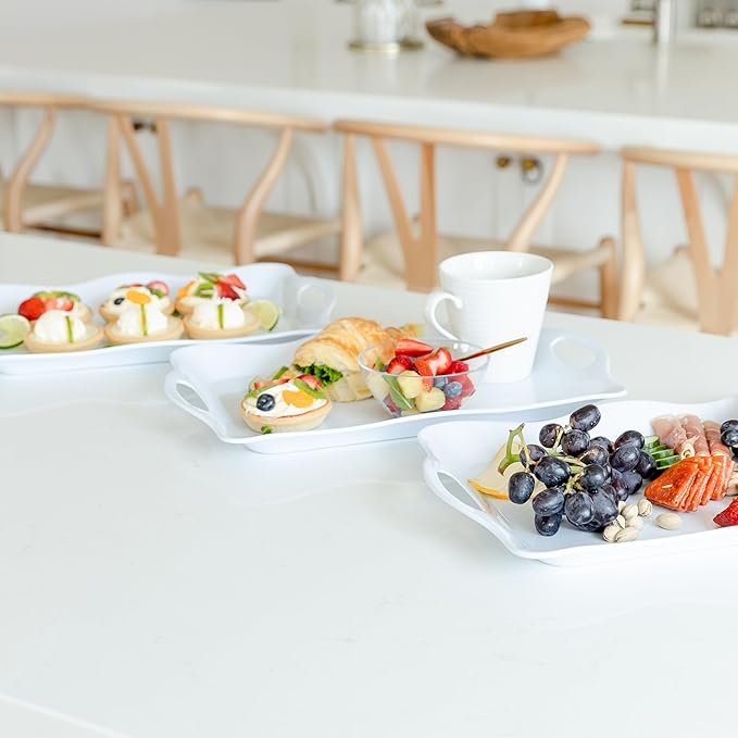 Large Melamine Tray, 17" x 11.5" - White Serving Tray with Handles - Dishwasher Safe - Rectangular Melamine Platter for Meat, Appetizers, Cookies, Grill or Party Snacks - Set of 3