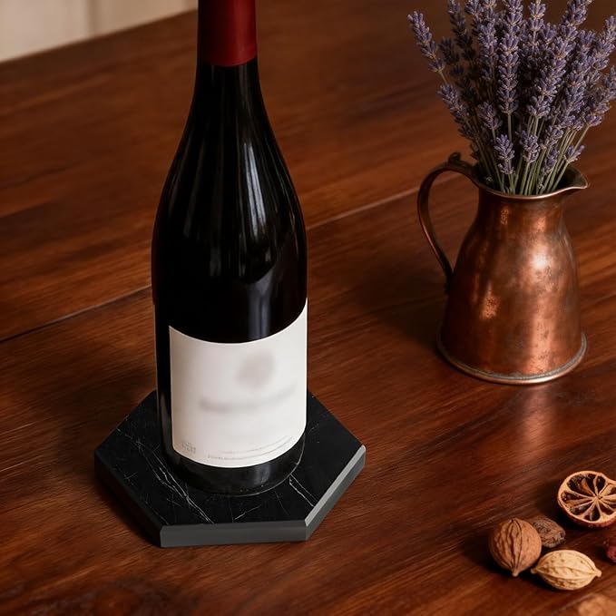 Natural Marble Coasters, Hexagonal Costers, Luxury Aesthetic Modern Decor for Coffee Table Bar Kitchen Home, Black Marble, Real Natural Semi Absorbent Stone Coasters