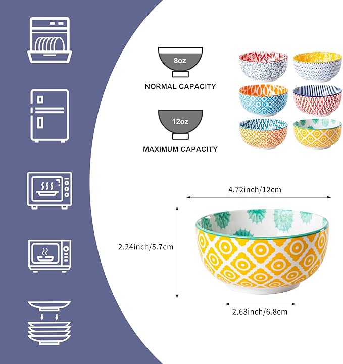 Ceramic Dessert Bowls Set - Small 11 Oz Porcelain Ice Cream Bowls for kitchen - 4.7 Inch Cereal Bowls for Salad, Fruits, Ramen - Microwave Dishwasher Safe - Set of 6 - Assorted Colors