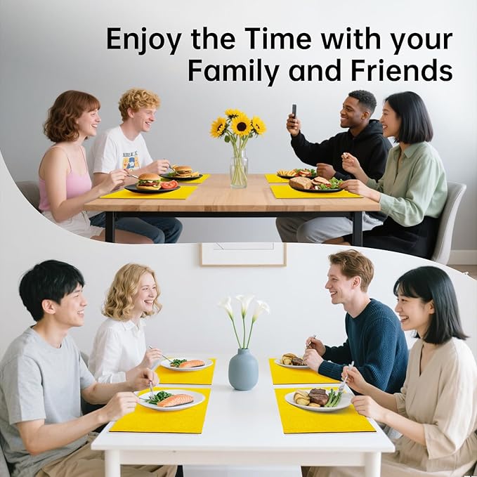 Blue Forest Placemats Set of 6, Dual-Layered Thickened Faux Linen Table Mats Heat Resistant Machine Washable Wrinkle Free Place Mats for Kitchen Dining Outdoor/Indoor (Bright Yellow)