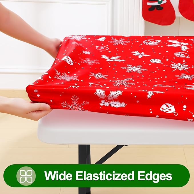 Smiry Plastic Christmas Tablecloth, Snowflake Wipeable Flannel Backed Vinyl Tablecloth, Waterproof Elastic Fitted Table Cover for Christmas Dinner, and New Year Celebration (White & Red, 30x48 Inches)