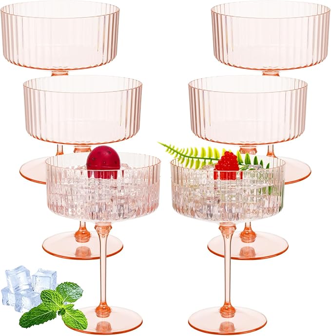 6 Pcs Ribbed Martini Glasses 10 oz Disposable Plastic Vintage Ribbed Coupe Glasses Unbreakable Dessert Parfait Glassware for Wedding Birthday Party Supplies (Champagne Powder)