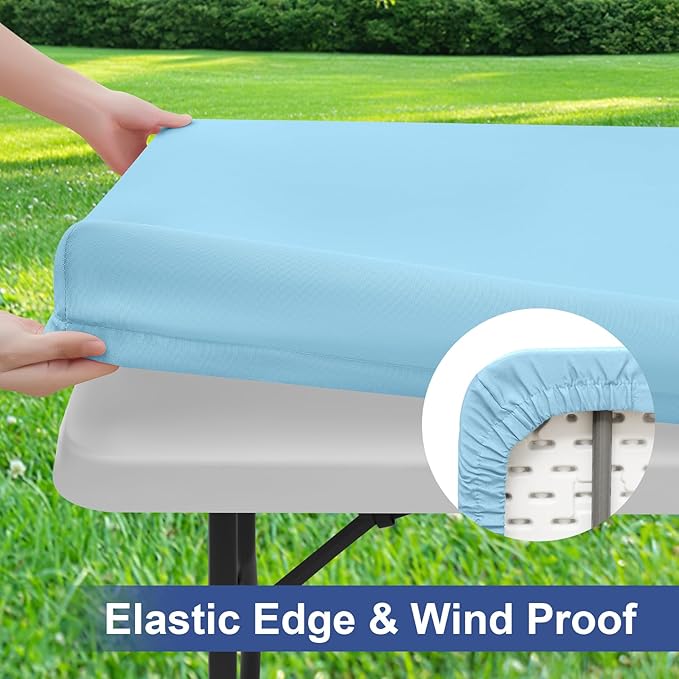 homing 2 Pack Rectangle Table Cloth, Elastic Fitted Fabric Tablecloth Fits for 6 Foot Folding Tables, Washable Table Cover for Picnic, Camping, Indoor & Outdoor (Light Blue, 30" x 72")