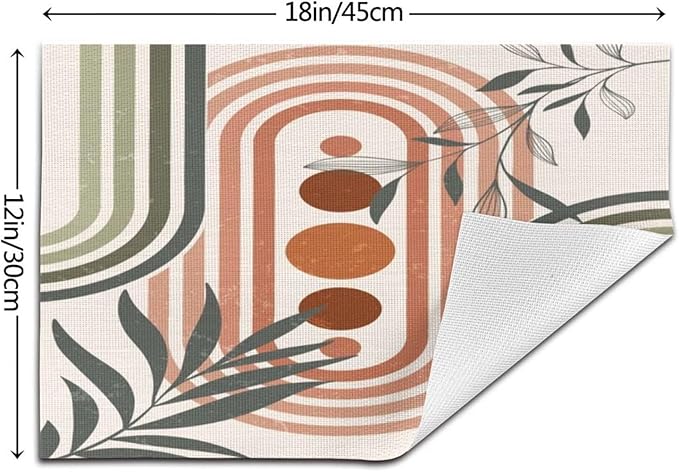 Mid Century Boho Sage Placemats, Abstract Bohemian Mid Century Plant Leaf Rainbow Dots Washable Place Mats 12x18Inch for Dining Kitchen Farmhouse Decor 6 PCS