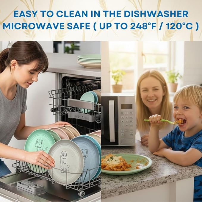 Wheat Straw Plate Set for Toddlers with Dinosaur Patterns | 4 Engraved, Eco-Friendly Food Plates | Free Dinosaur Backpack Included | Dishwasher & Microwave Safe | Excellent Gift for Childrens