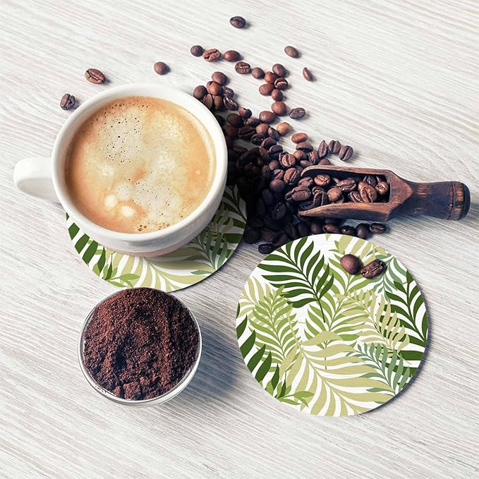 Green Palm Tree Leaves Coaster for Drinks Individual Tropical Summer Floral Leaf Nature Organic Plant Presents for Housewarming Birthday and Family 100% Diatomite 4''X 4'',2 Pack