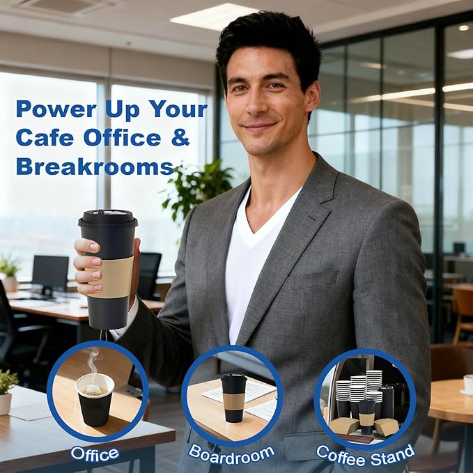 12 oz 100 Pack Coffee Cups with Lids and Sleeves, Straws, Hot Disposable To Go Travel Paper Cups Bulk for Office, Home Coffee Bar Accessories, Chocolate, Cocoa, Beverage (Black)