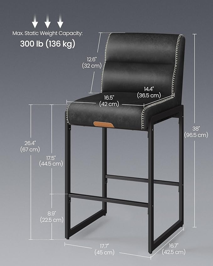 VASAGLE EKHO Collection - Bar Stools Set of 4, Counter Height Stools with Backs, 26.4-Inch Barstools Chairs, Synthetic Leather with Stitching, Mid-Century Modern, Dining Kitchen Island, Ink Black