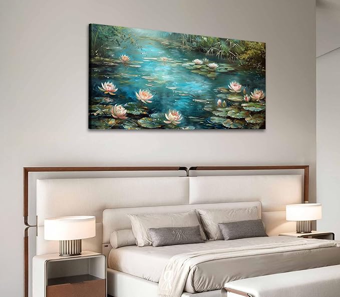 ADJUVANT Wall Art Impressionist Water Lily Pond 40" L x 20" W, Lotus Flower Canvas Painting Nature Artwork Green Water and Pink Blooms Prints Wall Decor for Living Room Bedroom Study Home Office