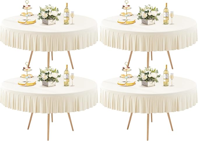 4 Pack Ivory Spandex Round Tablecloths for 60 inch Table, Stretchy Fitted 5FT Table Cloths with Skirt, Wrinkle Free for Wedding Party Dining Banquet