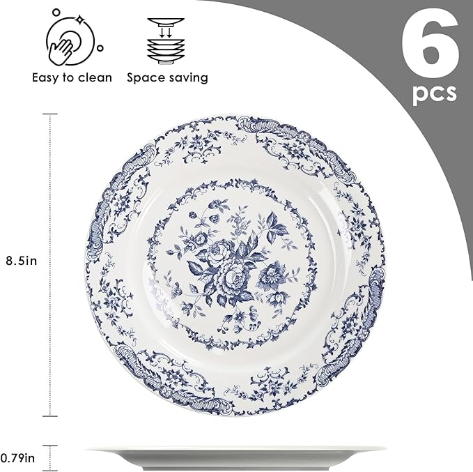 Salad Plates, Ceramic Plates Set of 6, Kitchen Plates Microwave Safe, 8.5 Inch White Plate Dessert Blue Floral
