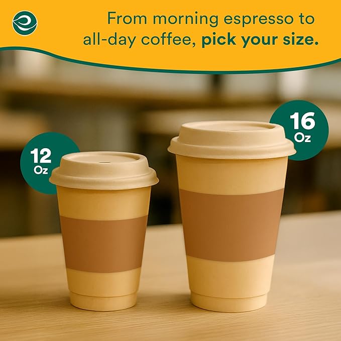 ECO SOUL 200 Pack 16 oz Disposable Coffee Cups with Lids & Sleeves Eco-Friendly, Biodegradable, Compostable, Leak-free & Sturdy To Go Hot Drink Cup for Tea, Chocolate Party Travel Cafe Office & Home