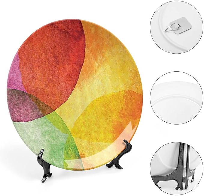 Ceramic Display Plate, Abstract Ceramic Hanging Decorative Plate, Watercolor Style in Modern Art Design, 8 Inch, Household Custom Ceramic Plate, Yellow Orange Lime Green