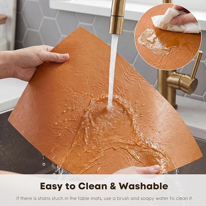 Artoid Mode Rust Faux Leather Placemats Set of 6, 12x18 Inch Waterproof Wipeable Heat Resistant Vinyl Place Mats, Reversible Table Mats for Fall Kitchen Dining Decor