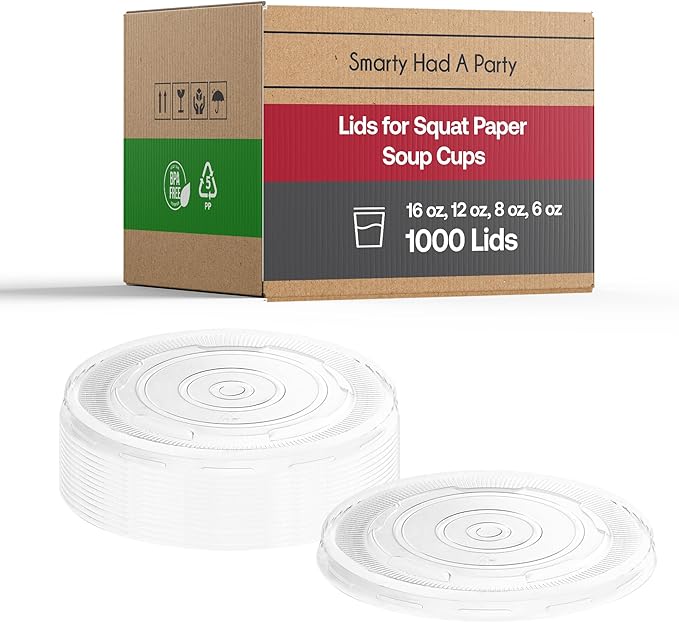 Smarty Had A Party 1000 Count Clear Plastic Lids for Squat Paper Soup Cups – Fits 6 oz, 8 oz, 12 oz & 16 oz Disposable Containers – Leak-Resistant, BPA-Free,Tight-Seal Covers for Takeout & Catering