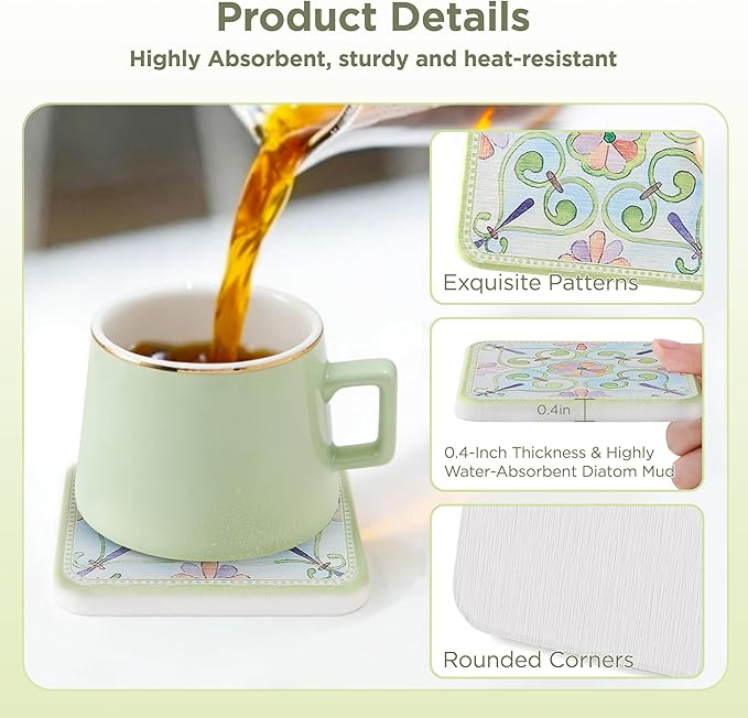 Coasters Set of 4, Square Drink Coasters Absorbent Heat Resistant Diatomite Coaster Cup Mats Vintage Home Decor for Coffee Table Desktop Protection (A, 3.9" x 3.9", 4pcs)