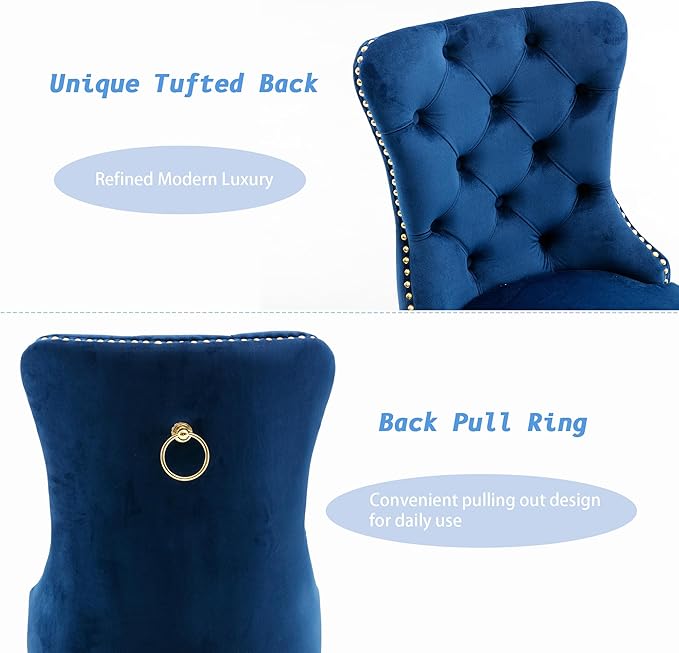 KCC Velvet Dining Chairs Set of 2, Upholstered High-end Tufted Dining Chair with Nailhead Back Ring Pull Trim Stainless Steel Legs, Contemporary Nikki Collection Modern Style for Kitchen, Blue