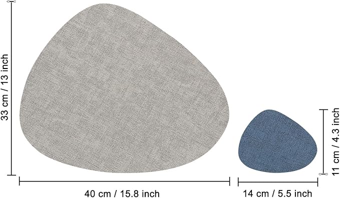 Placemats and Coasters, Washable Placemats Round Faux Leather Wipeable Place Mats Non Slip Heat Resistant Indoor Outdoor Table Mats (Set of 6, Light Gray Navy Blue)