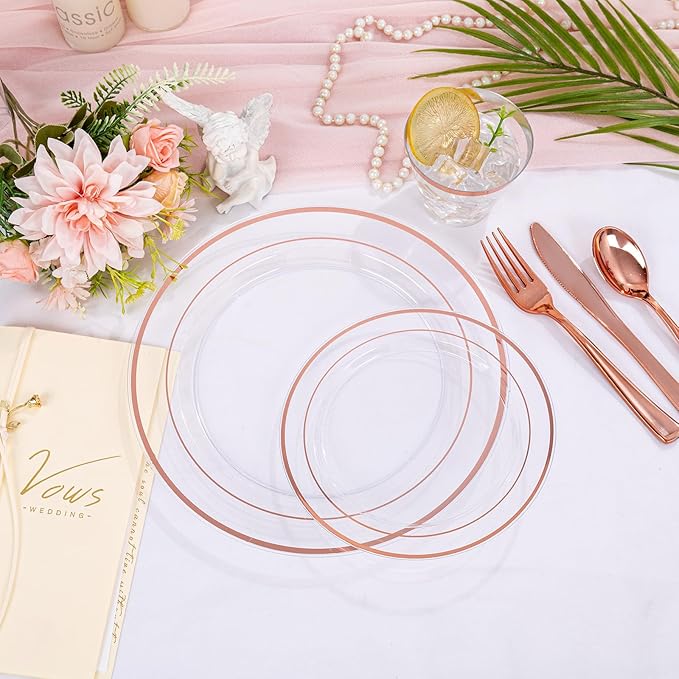 bUCLA 300PCS Rose Gold Plastic Dinnerware - Clear Dinnerware Set Disposable Include 50 Dinner Plates,50 Dessert Plates,50 Knives,50 Forks,50 Spoons,50 Cups for Party, Wedding & Valentines Day
