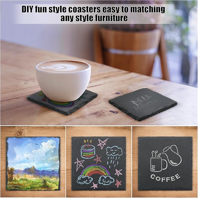 12 Pack Slate Drink Coasters with Metal Holder, VIBRATITE 4 Inch Black Slate Stone Coasters Bulk Laser Engraving Blanks with Anti-Scratch Bottom for Drink Coffee Bar Kitchen Home Decor, Square