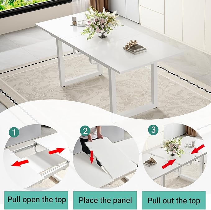 White Dining Table Set for 6, 55"-71" Extendable Dining Room Table Set for 6, Modern Kitchen Table with 6 Upholstered Chairs, Space-Saving for Dining Room Apartment, Easy Assembly