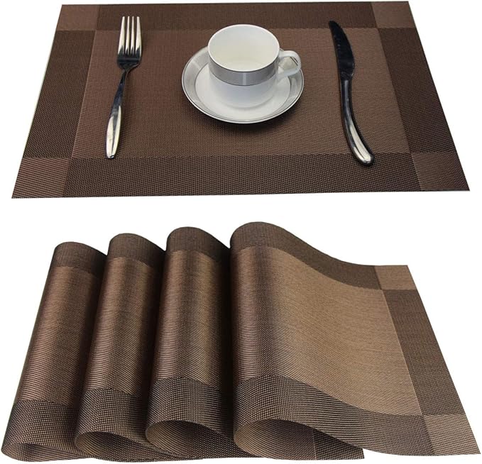 Placemats Washable Easy to Clean Table Mats for Kitchen Table Heat-resistand Woven Vinyl PVC Placemat 12x18 inches Set of 4（Brown）
