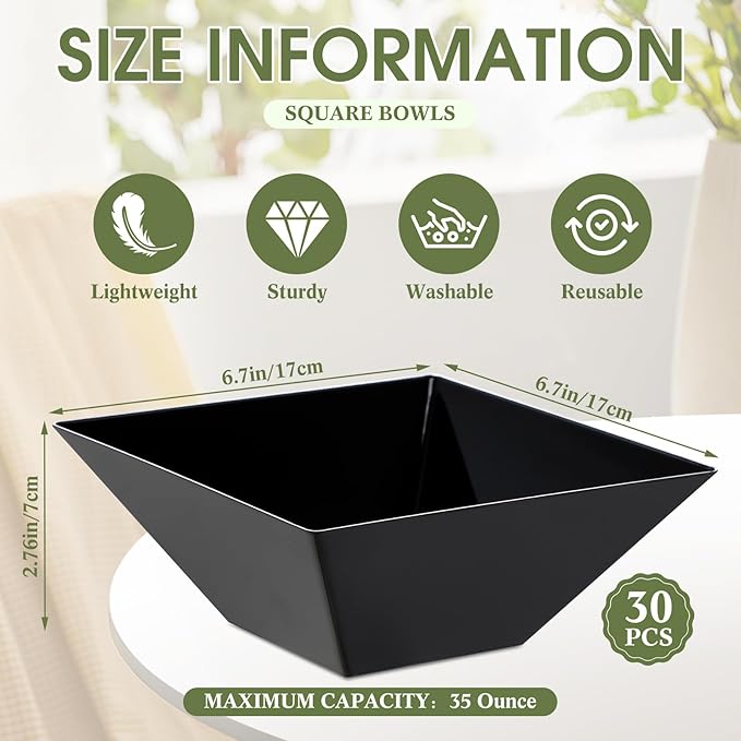 Tioncy 30 Pcs Square Plastic Serving Bowls, Medium Salad Fluted Plastic 35 oz Disposable Serving Bowls Containers for Parties, Snack, Buffet, Chips(Black,Classic)