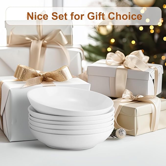 Jassceram Pasta Bowls Set of 4, 50Oz Wide Shallow Ceramic Bowls - 9.84 Inch Serving Bowls for Pasta, Salad, Soup & Cereal, Dishwasher & Microwave Safe White - Christmas Gift