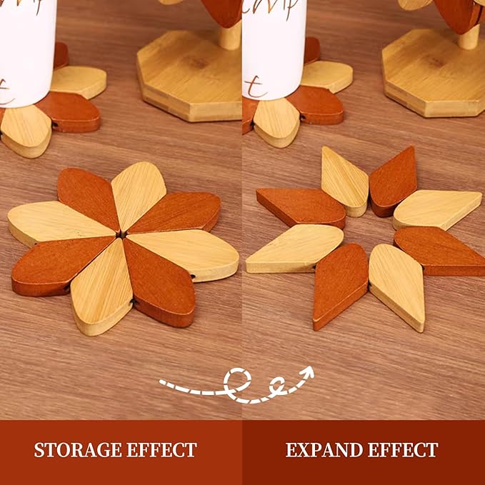 Wooden Tree Coaster, Trivet for hot Dishes, Trivet for hot Pot and Flat Bottomed pan, Wooden Windmill Cup Holder -3 or 4 or 5 Wooden mats+1 Bracket(Windmill placemats 4 pcs)